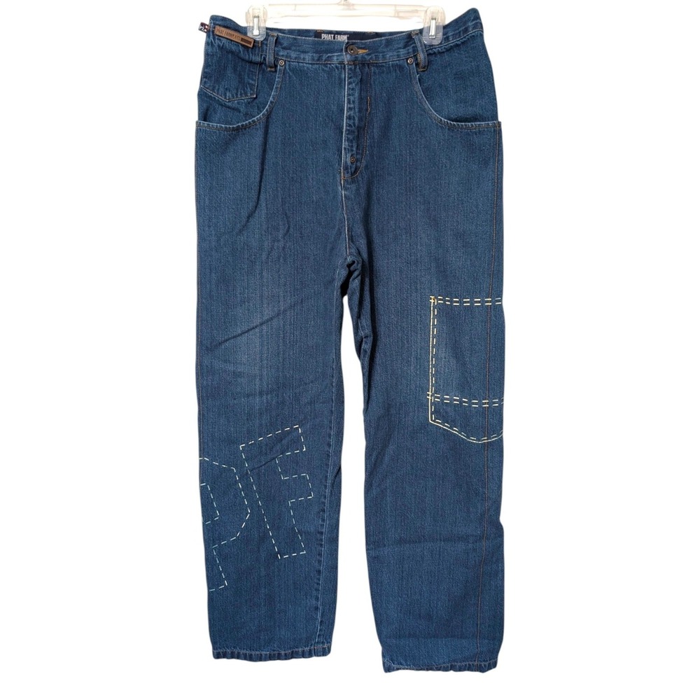 Vintage Phat Farm 92 Baggy Jeans Mens 34x33 Blue Denim Hip Hop Streetwear Y2K